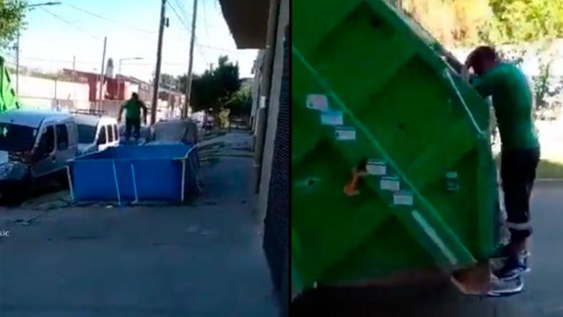 Viral: el "piletazo" de un recolector de residuos en una pelopincho armada en la vereda