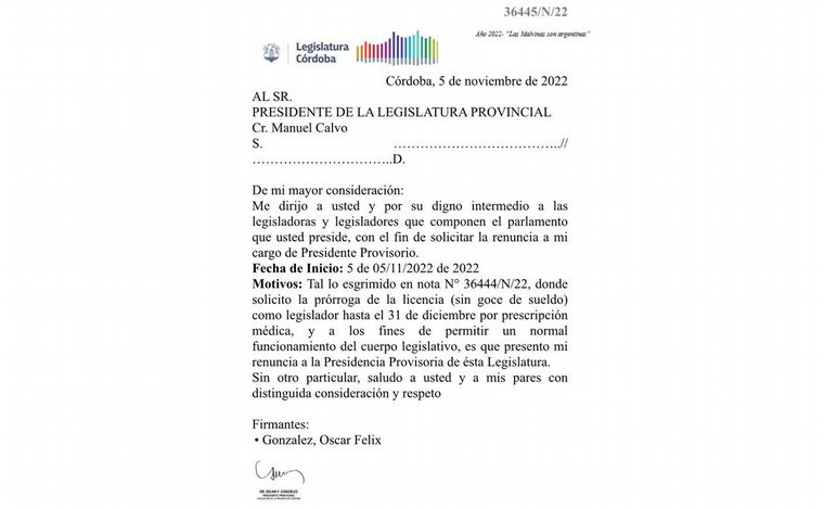 Oscar González renunció a la presidencia provisoria de la Legislatura
